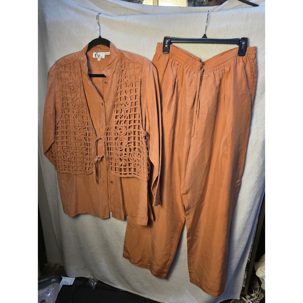 Vintage Fiji Sport 100% Silk Pants Blouse Set Lagenlook Minimalist Relaxed L